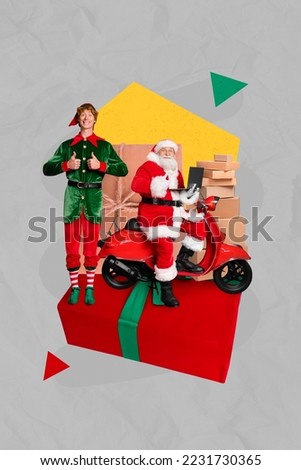 Photo cartoon comics sketch collage picture of cool xmas santa assistant showing thumbs up isolated drawing background