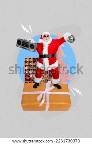 Exclusive magazine picture sketch collage image of cool funky santa claus listening boom box xmas carols isolated painting background