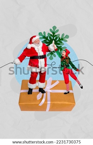 Photo sketch graphics collage artwork picture of happy smiling santa claus x-mas little child high five isolated drawing background