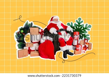 Photo collage artwork minimal picture of smiling santa claus preparing x-mas presents isolated drawing background