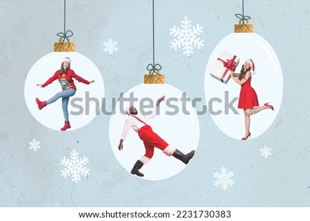 Creative 3d photo artwork graphics collage painting of funny funky santa assistant dancing inside x-mas baubles isolated drawing background