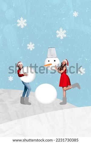 Exclusive magazine picture sketch collage image of funky santa claus assistants bulding xmas snowman isolated painting background