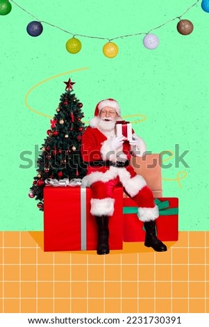 Photo cartoon comics sketch collage picture of excited funky xmas santa claus preparing gifts isolated drawing background