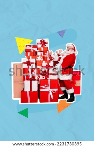 3d retro abstract creative artwork template collage of excited santa claus packing xmas presents pile stack isolated painting background