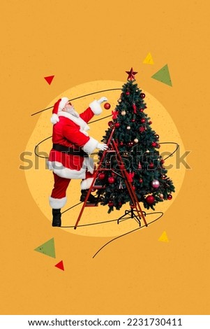 Photo sketch graphics collage artwork picture of happy smiling santa claus decorating x-mas fir pine isolated drawing background