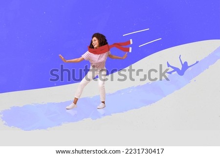 Creative photo 3d collage postcard poster picture brochure of young carefree crazy girl free time outdoors isolated on painting background