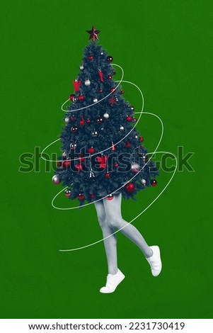 Creative photo 3d collage postcard poster brochure greeting card of weird person wear costume pine tree isolated on painting background