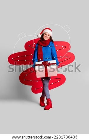 Creative photo 3d collage postcard poster brochure of young girl hold gift rejoice favorite season newyear isolated on painting background