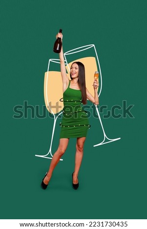 Creative photo 3d collage postcard poster picture greeting card of funny young girl celebrating new year isolated on painting background