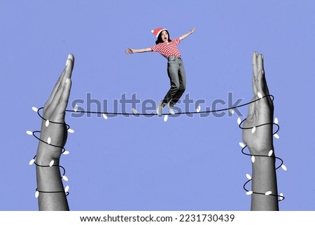 Creative photo 3d collage postcard poster brochure of young funny girl stand strained garlands extreme risk isolated on painting background