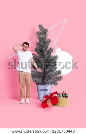 Creative photo 3d collage postcard poster brochure greeting card of man dont know how decorate xmas tree isolated on painting background