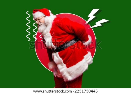 Creative photo 3d collage postcard poster brochure picture of old santa suffer pain after delivering gifts isolated on painting background