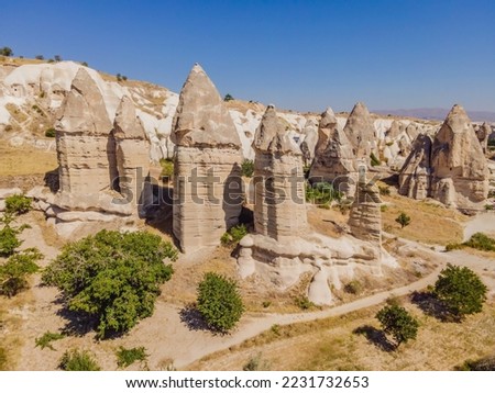 Unique geological formations in Love Valley in Cappadocia, popular travel destination in Turkey Royalty-Free Stock Photo #2231732653
