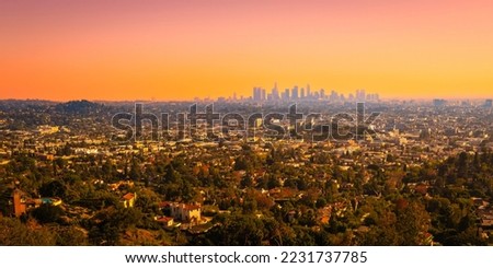 Los Angeles city skyline landscape at sunset from Griffith Observatory, California, USA