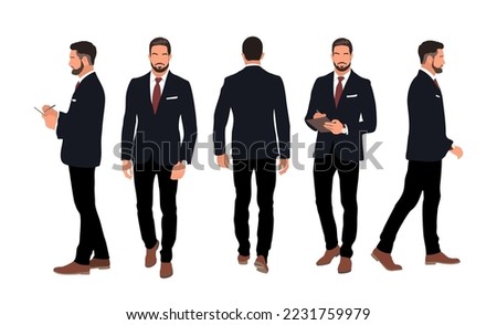 Set of Businessman character in different poses. Handsome man bearded wearing formal suit standing, walking, front, back and side view. Vector realistic illustration isolated on white background. Royalty-Free Stock Photo #2231759979