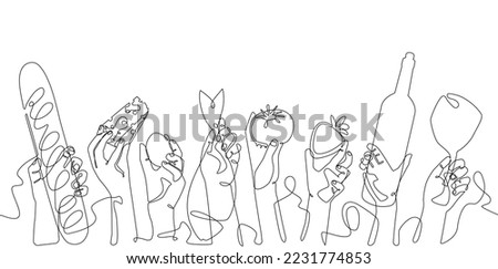 Hands holding different food. Vector background with theme of cooking. Horizontal repeating seamless pattern for kitchen. Continuous line drawn illustration with space for text above it. 