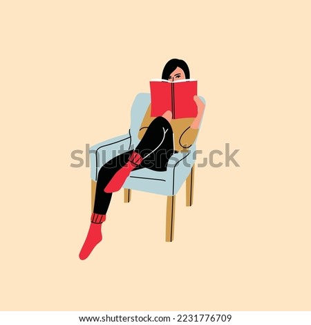 Young woman reading book vector background. Relaxed girl comfortable sitting on the sofa and reading, isolated on white backdrop. Modern home interior illustration.