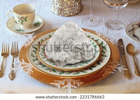 Natural food chalk of mountain origin peeled in a plate on a served table
