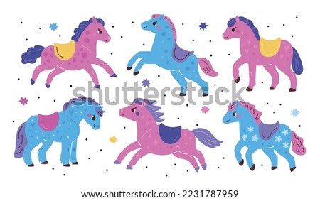 Cartoon funny ponies. Colorful little horses. Magical animals. Kids fairy pets. Children carousel decorative elements. Cute stallions with saddles. Galloping mammals