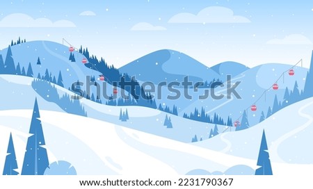 Winter mountain landscape. Vector illustration of ski resort with snowy hill, slope, funicular, ski lift. Outdoor holiday activity in Alps. Winter sport. Skiing and snowboarding. Active weekend Royalty-Free Stock Photo #2231790367