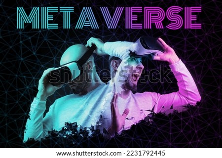 Virtual reality. Young bald man put on VR glasses and remove it it feeling fear. Black background. The concept of metaverse and cyberspace.