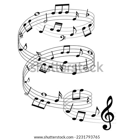 Music notes background, musical elements on wavy swirl lines, vector illustration.
