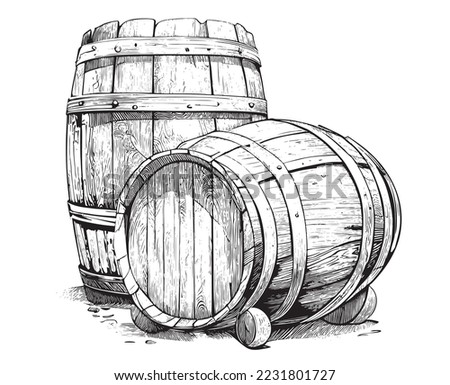 Wooden barrels of wine vintage sketch hand drawn engraved style Vector illustration Royalty-Free Stock Photo #2231801727