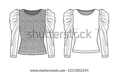 Vector round neck long sleeved top fashion CAD, woman winter t shirt technical drawing, top with smock detail flat, template, sketch. Jersey or woven fabric blouse with front, back view, white color Royalty-Free Stock Photo #2231802241