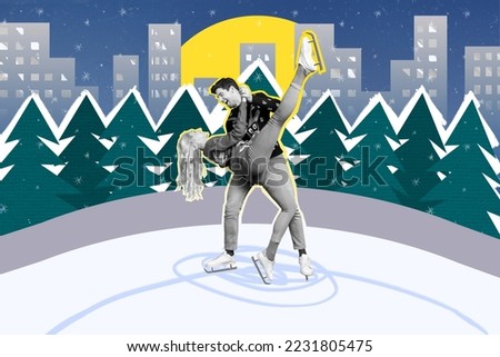 Creative collage picture of two excited people ice skating dance frozen rink isolated on city silhouette background