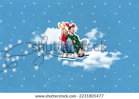 Collage picture of two excited funny people sit sledge flying decor garland isolated on painted sky clouds background