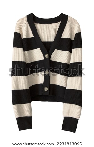 Long sleeve knitted striped cardigan isolated on white. Women's trendy clothes. Soft female sweater. Fashion top clothing.Winter apparel. Royalty-Free Stock Photo #2231813065