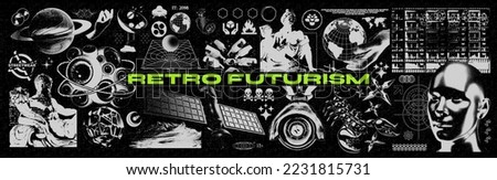 Retro futuristic grunge elements for design. Abstract 3D figures, space satellites, surveillance cameras. Set of threshold elements. Blanks for a poster, banner, business card, sticker Royalty-Free Stock Photo #2231815731