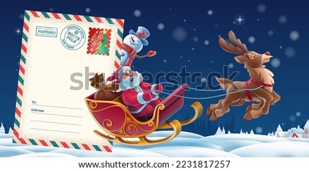 santa claus in sleigh with reindeer delivers presents christmas letter and snowman Royalty-Free Stock Photo #2231817257
