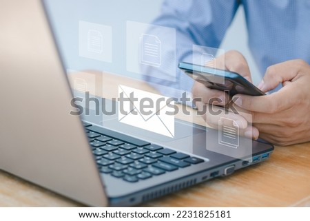 Email marketing and newsletter concept, data center and internet advertising. Sending documents digitally using email. Customer support. Royalty-Free Stock Photo #2231825181