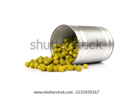 Canned Green Peas in Can Tin Isolated, Sweet Pea Pile, Cooked Legume, Protein Source, Healthy Vegan Food, Green Peas on White Background Royalty-Free Stock Photo #2231830267