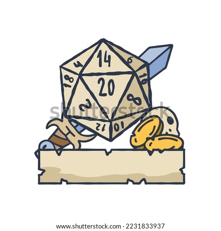 Dice d20 for playing Dnd. Dungeon and dragons board game with ribbon. Cartoon outline drawn illustration
