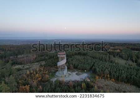 aerial panorama view of Velky Kosir lookout tower,Slatinky, Czech republic,Europe, aerial landscape view