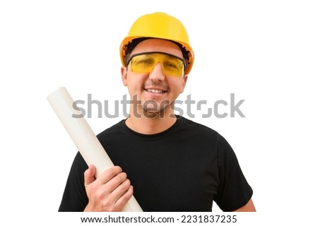 Male engineer in yellow helmet looking at camera on white background. Construction concept. Worker with a project