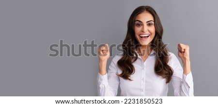 I won. Happy woman make winning hand gesture. Winning business. Woman isolated face portrait, banner header poster with mockup copyspace. Royalty-Free Stock Photo #2231850523
