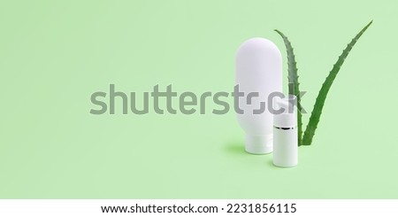 Blank cosmetics tube and dispenser with aloe vera on background.Organic cosmetic concept.Large banner with negative space.
