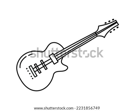 Doodle style guitar. Musical instrument, art and creativity. Minimalistic poster or banner, graphic element for printing on fabric. Retro, 80s and 90s, era hippie. Cartoon flat vector illustration