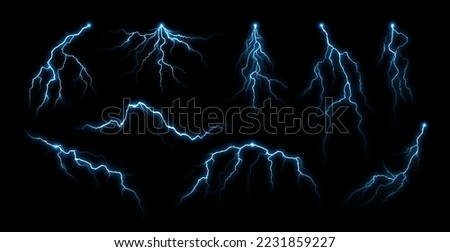 Lightning effect. Night thunderstorm rays, electric power charge and thunder strike isolated vector set Royalty-Free Stock Photo #2231859227