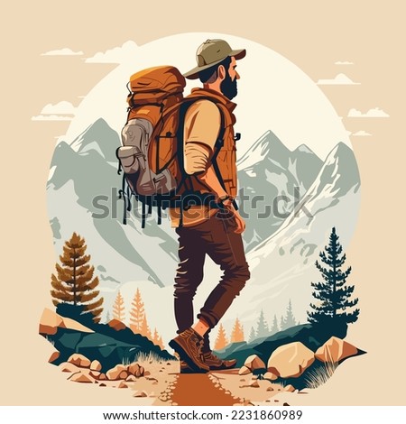 Hiker person hiking or trekking with backpack walking in mountain forest outdoor wilderness landscape, vector illustration Royalty-Free Stock Photo #2231860989