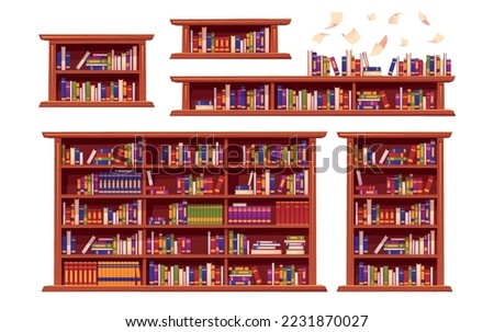 Bookshelves and bookcase. Collection of graphic elements for website, stickers for social media and messengers. Furniture and interior. Cartoon flat vector illustrations isolated on white background Royalty-Free Stock Photo #2231870027