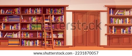 Library or cabinet. Beautiful interior of room, shelves and cabinets with lot of books. Knowledge and information. Education, learning and training metaphor. Cartoon flat vector illustration Royalty-Free Stock Photo #2231870057