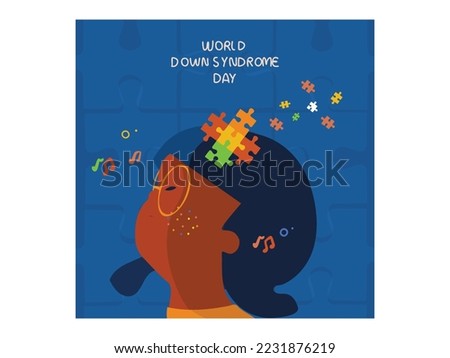 World Down Syndrome Day.  Cartoon of down syndrome patient girl and music with happy gentle face and wearing eyeglasses.Down Syndrome Awareness vector illustration.  Royalty-Free Stock Photo #2231876219