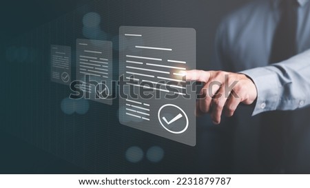 Businessman check and check mark on document online,Business Agreements and Approvals,business contract signing,Confirmation of contract documents or warranty card,idea of employment project review