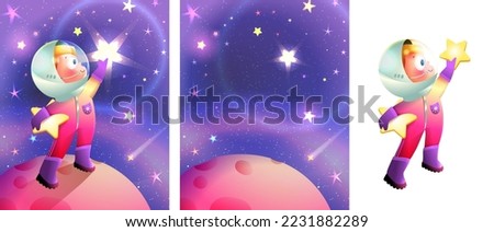 Cute little cosmonaut boy holding a star standing on a planet in outer space with stars in sky. Astronaut character for kids, cartoon for space story. Vector illustration clip art and background set.