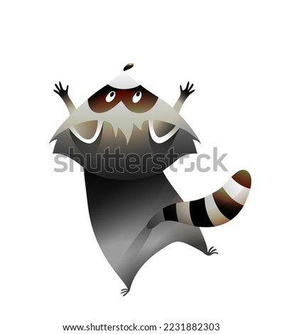 Little Cute Raccoon Reaching Up Back View. Cute artistic cartoon for children of a coon looking up. Vector kids illustration clipart in watercolor style.