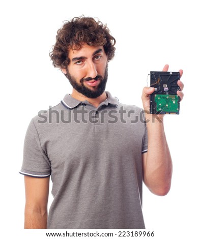 young crazy man with a hard disk